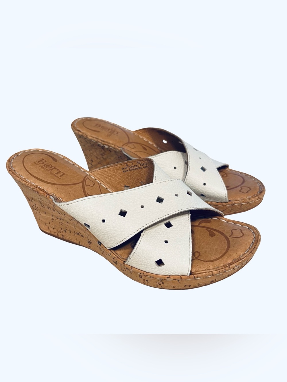 Born Canova White Cris Cross Leather Mule Sandal Women Sz 8 High Cork Wedge EUC